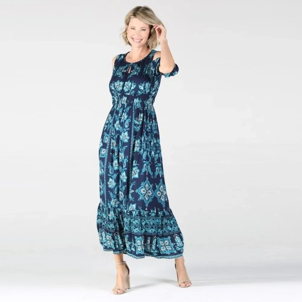 Nostalgia Cold Shoulder Floral Print Maxi Dress NWT • Navy • Scoop V-Neck • Boho - Picture 2 of 3
